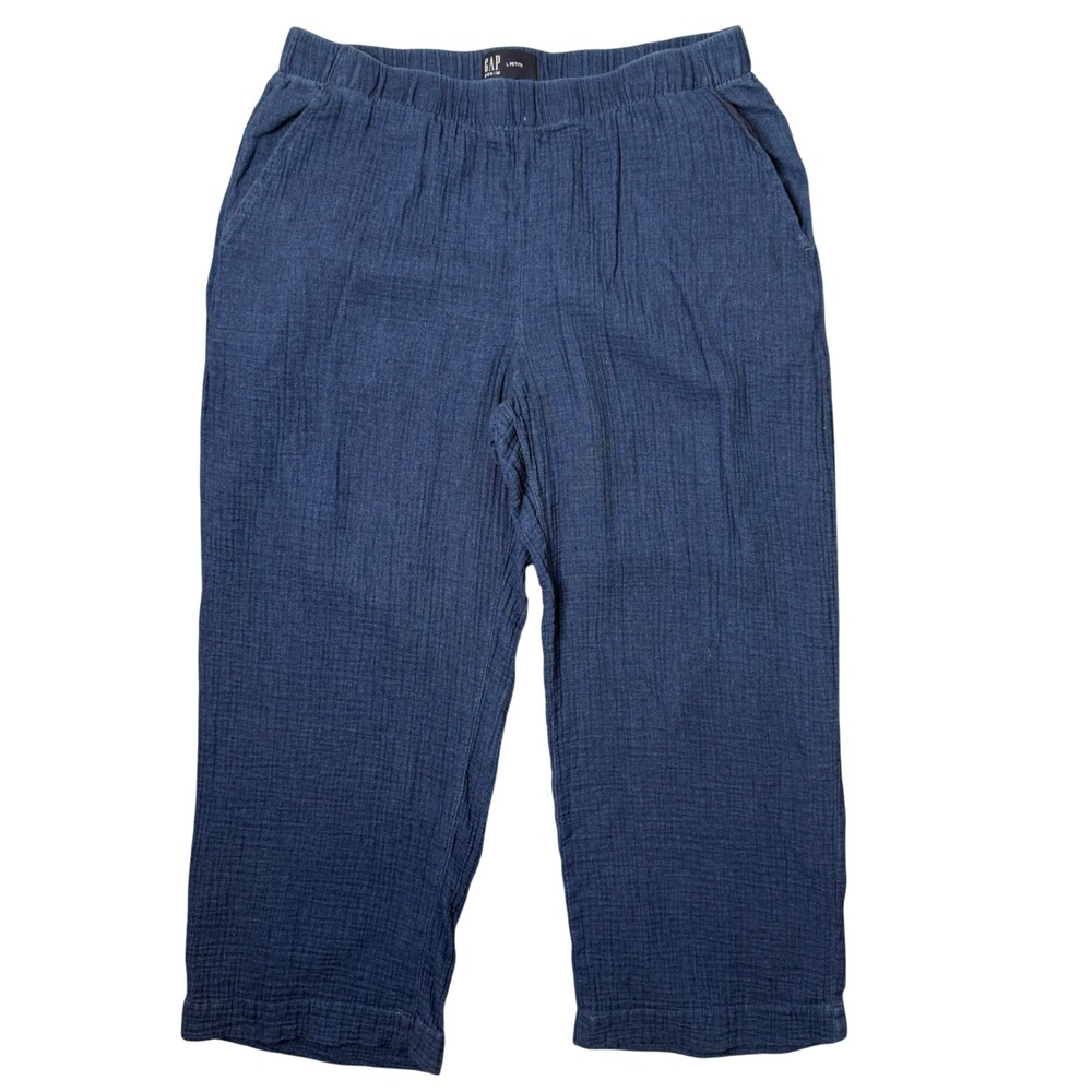 Gap Cotton Crinkle Gauze Wide Leg Crop Pants Women's L Petite Blue Relaxed